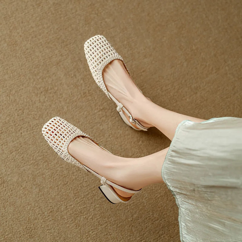 French-style square-toe woven high-heeled sandals