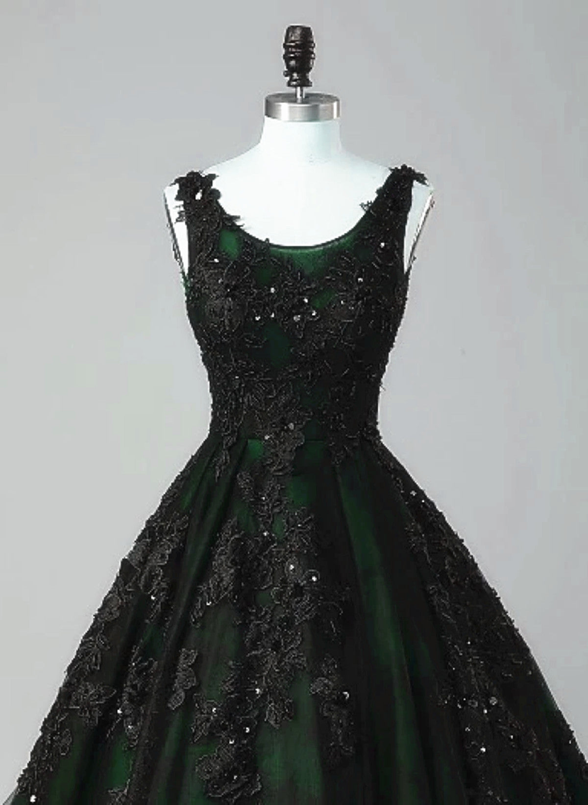 Vestido de fiesta largo glamuroso de tul negro y verde con encaje 