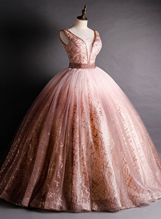 Hermoso vestido formal de fiesta con cuentas y escote en V en color rosa 