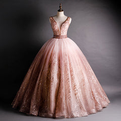 Hermoso vestido formal de fiesta con cuentas y escote en V en color rosa 