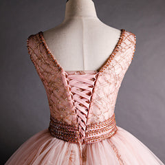 Hermoso vestido formal de fiesta con cuentas y escote en V en color rosa 