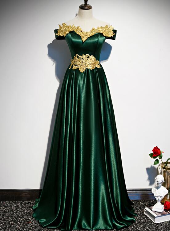 Vestido de fiesta verde de moda con hombros descubiertos y corte A 