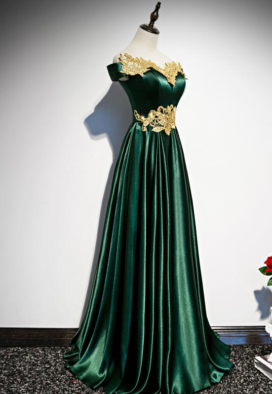 Vestido de fiesta verde de moda con hombros descubiertos y corte A 