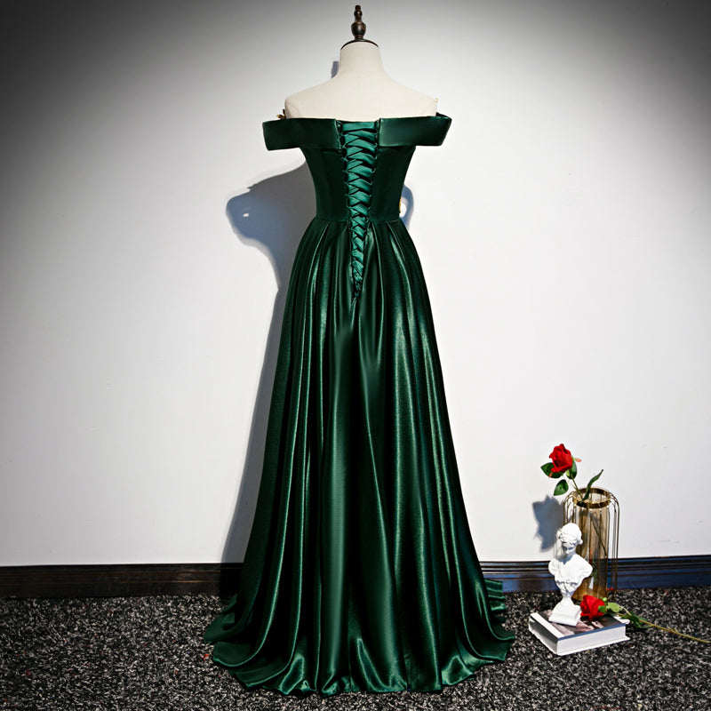 Vestido de fiesta verde de moda con hombros descubiertos y corte A 
