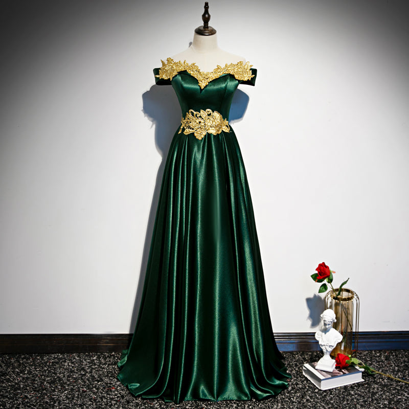 Vestido de fiesta verde de moda con hombros descubiertos y corte A 