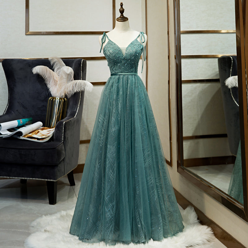 Vestido de fiesta largo hasta el suelo con escote en V y tirantes verdes 