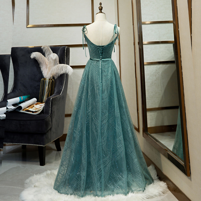 Vestido de fiesta largo hasta el suelo con escote en V y tirantes verdes 