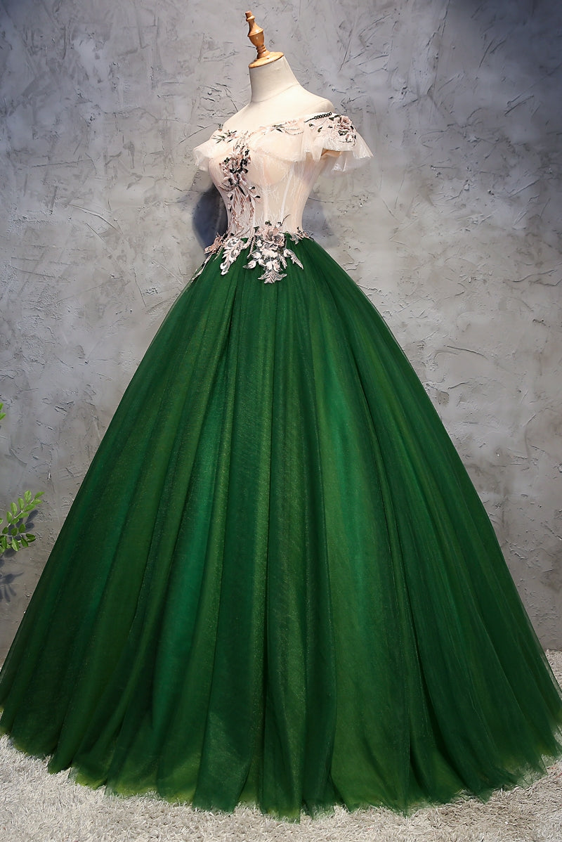 Vestido de fiesta de tul verde con encaje y hombros descubiertos para dulces 16 