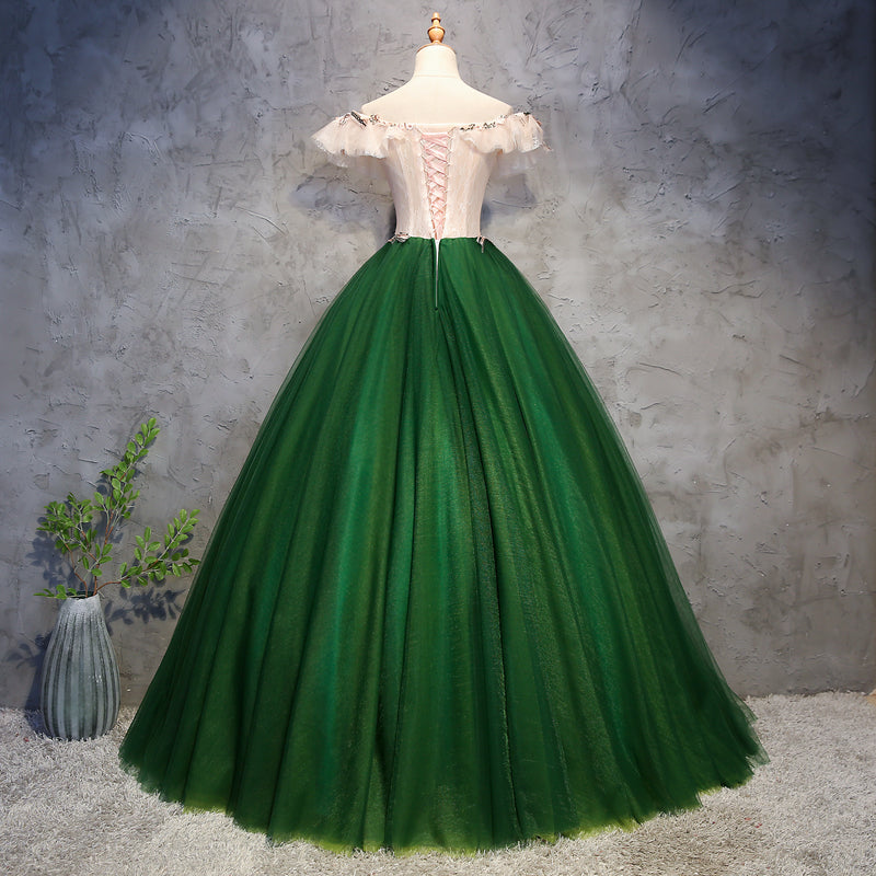 Vestido de fiesta de tul verde con encaje y hombros descubiertos para dulces 16 