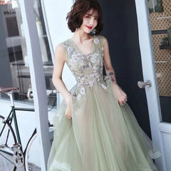 Green and Pink Tulle Long V-neckline Long Evening Dress Party Dress