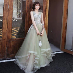 Green and Pink Tulle Long V-neckline Long Evening Dress Party Dress