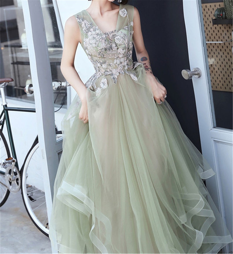 Green and Pink Tulle Long V-neckline Long Evening Dress Party Dress