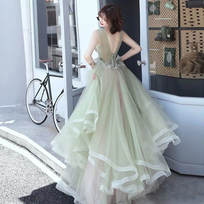 Green and Pink Tulle Long V-neckline Long Evening Dress Party Dress