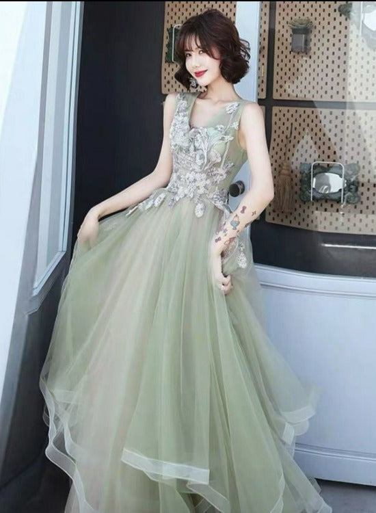 Green and Pink Tulle Long V-neckline Long Evening Dress Party Dress