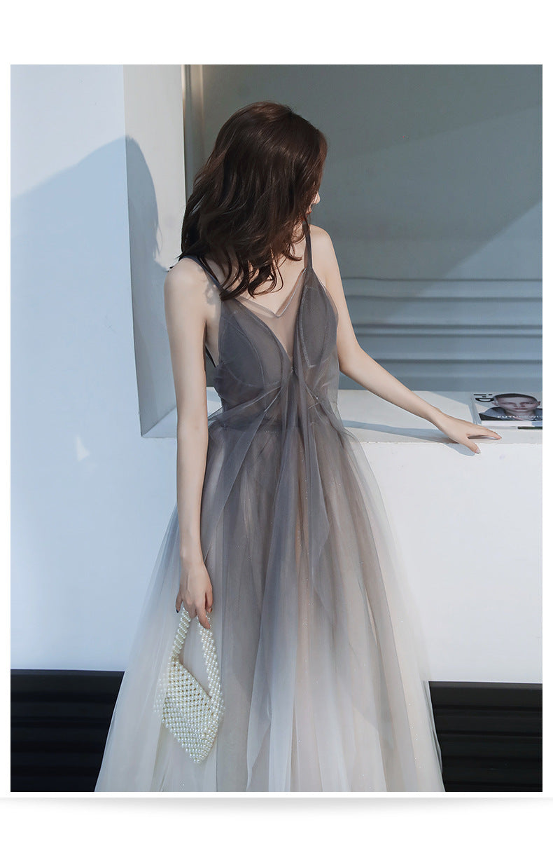 Grey Gradient Tulle V-neckline Backless Sexy Formal Dress