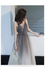 Grey Gradient Tulle V-neckline Backless Sexy Formal Dress