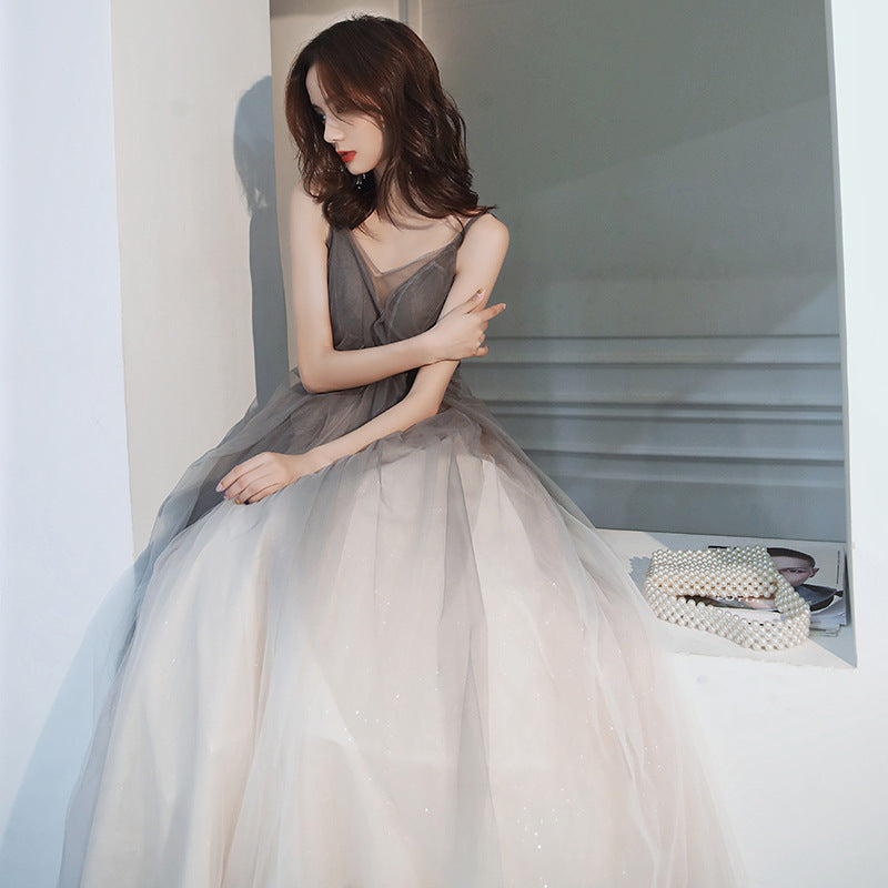 Grey Gradient Tulle V-neckline Backless Sexy Formal Dress