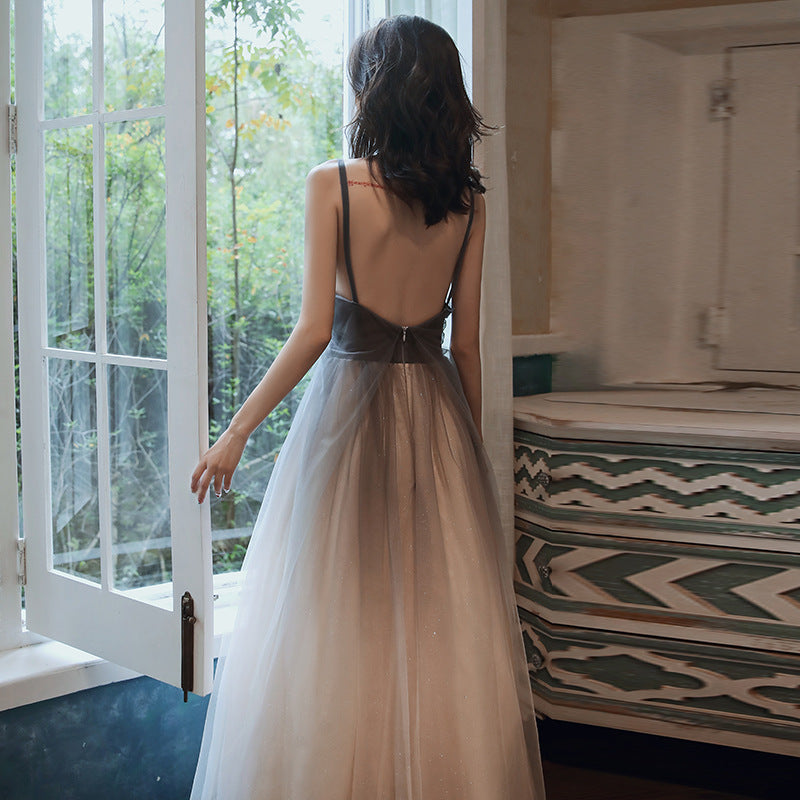 Grey Gradient Tulle V-neckline Backless Sexy Formal Dress