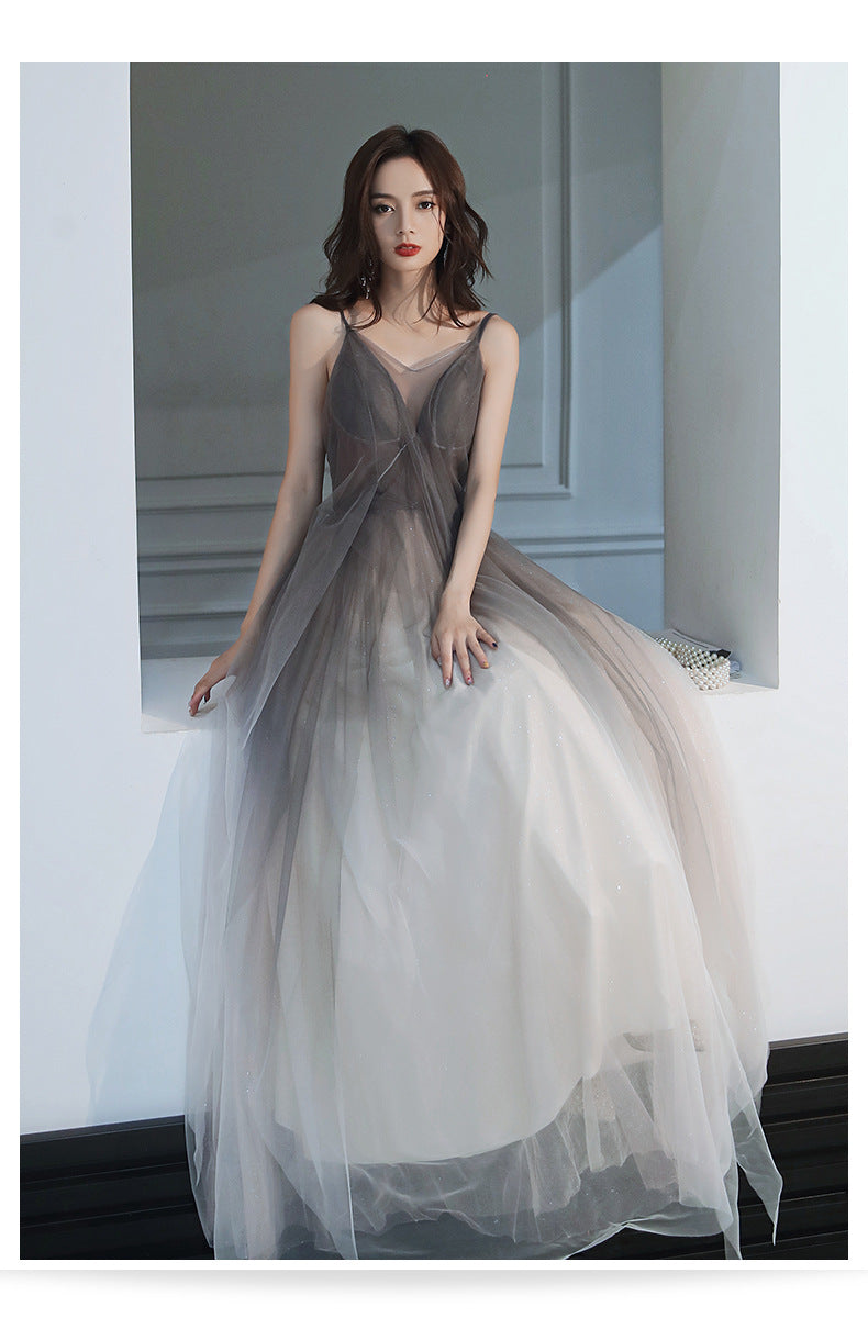 Grey Gradient Tulle V-neckline Backless Sexy Formal Dress