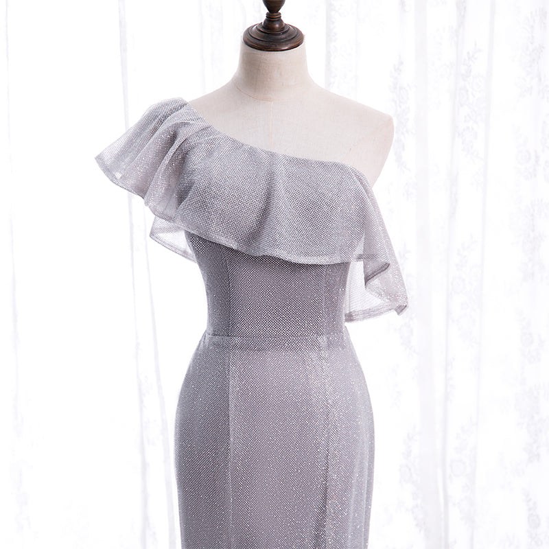 Grey One Shoulder Lace-up Shiny Long Prom Dress Party Dress