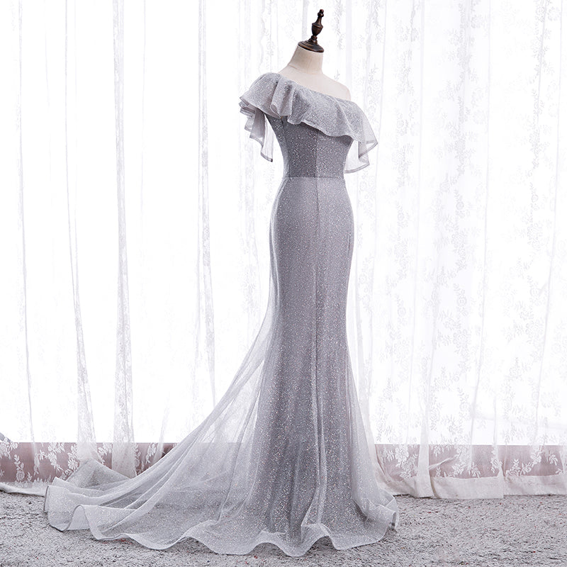 Grey One Shoulder Lace-up Shiny Long Prom Dress Party Dress