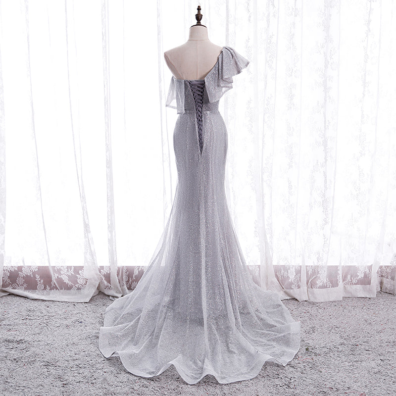 Grey One Shoulder Lace-up Shiny Long Prom Dress Party Dress