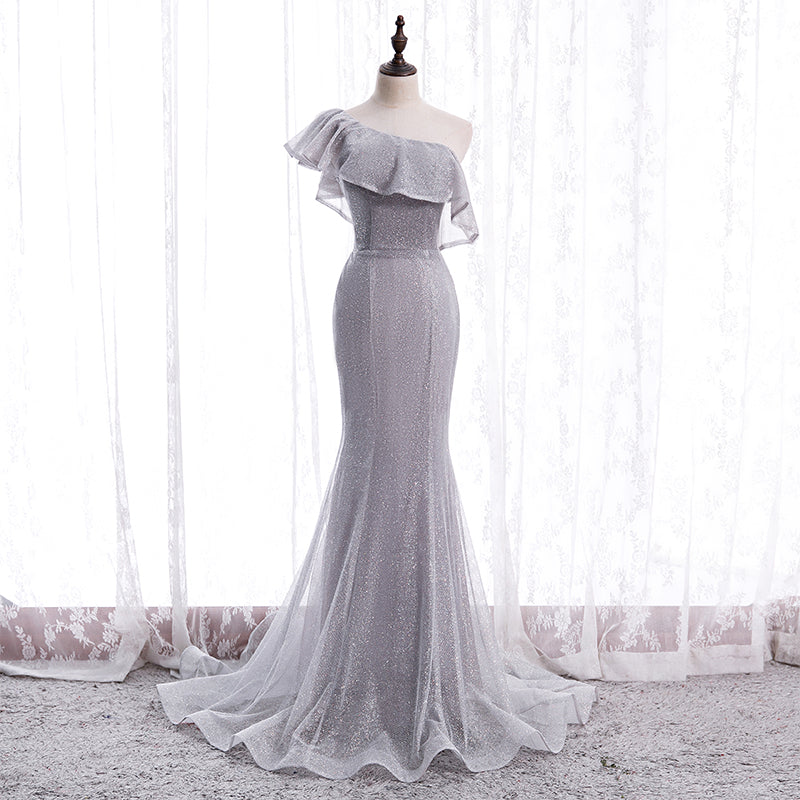 Grey One Shoulder Lace-up Shiny Long Prom Dress Party Dress