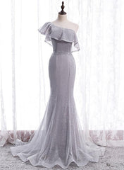 Grey One Shoulder Lace-up Shiny Long Prom Dress Party Dress