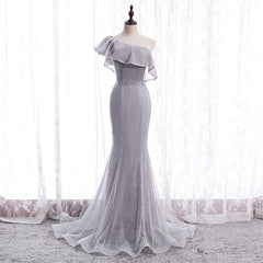 Grey One Shoulder Lace-up Shiny Long Prom Dress Party Dress