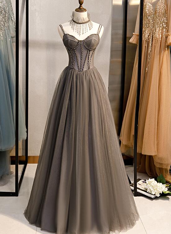 Grey Sweetheart Beaded Straps Long Tulle Prom Dress