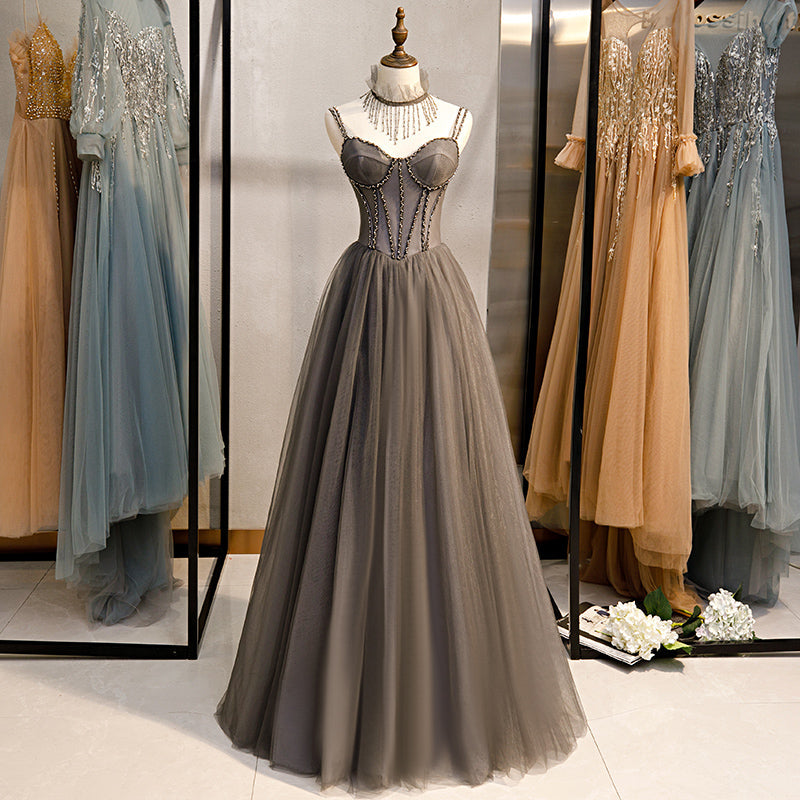 Grey Sweetheart Beaded Straps Long Tulle Prom Dress