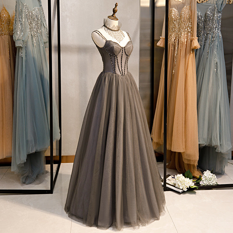Grey Sweetheart Beaded Straps Long Tulle Prom Dress