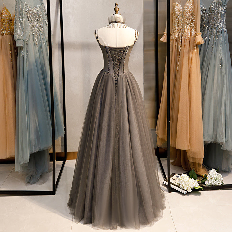 Grey Sweetheart Beaded Straps Long Tulle Prom Dress