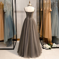 Grey Sweetheart Beaded Straps Long Tulle Prom Dress