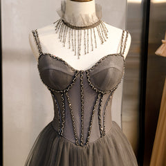 Grey Sweetheart Beaded Straps Long Tulle Prom Dress