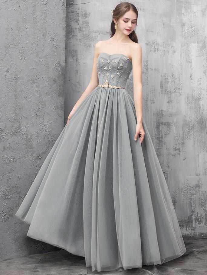 Grey Sweetheart Beaded Tulle Long  Prom Dress