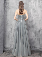 Grey Sweetheart Beaded Tulle Long  Prom Dress