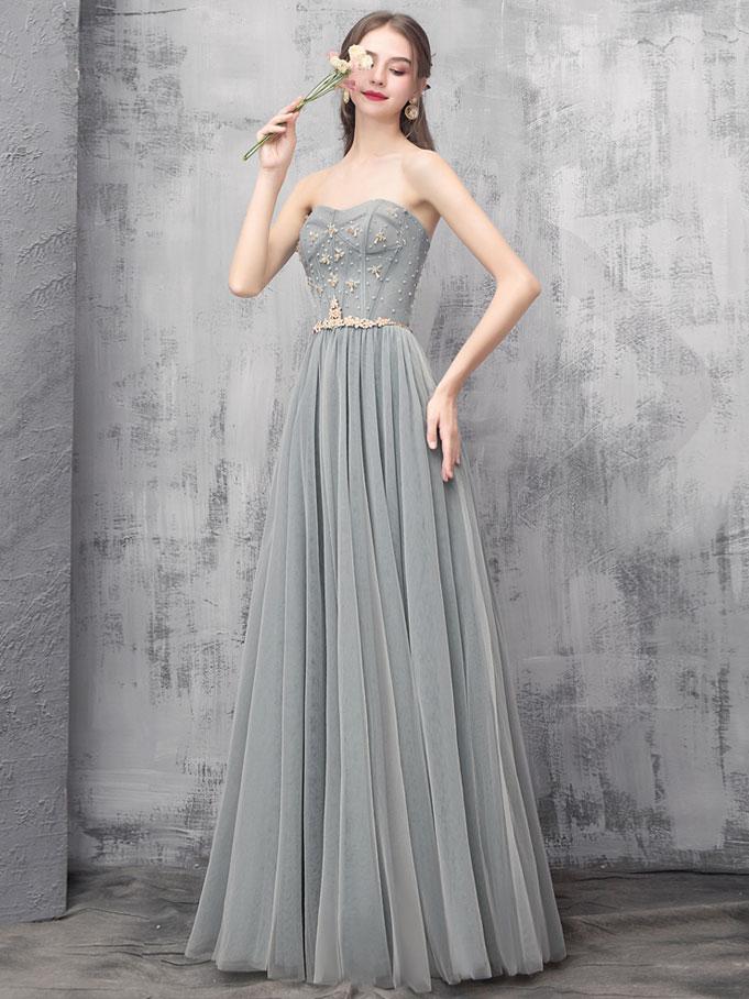 Grey Sweetheart Beaded Tulle Long  Prom Dress