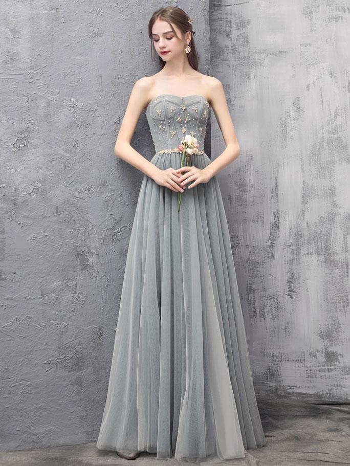 Grey Sweetheart Beaded Tulle Long  Prom Dress