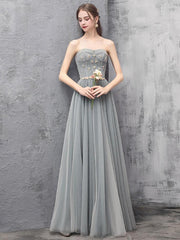 Grey Sweetheart Beaded Tulle Long  Prom Dress