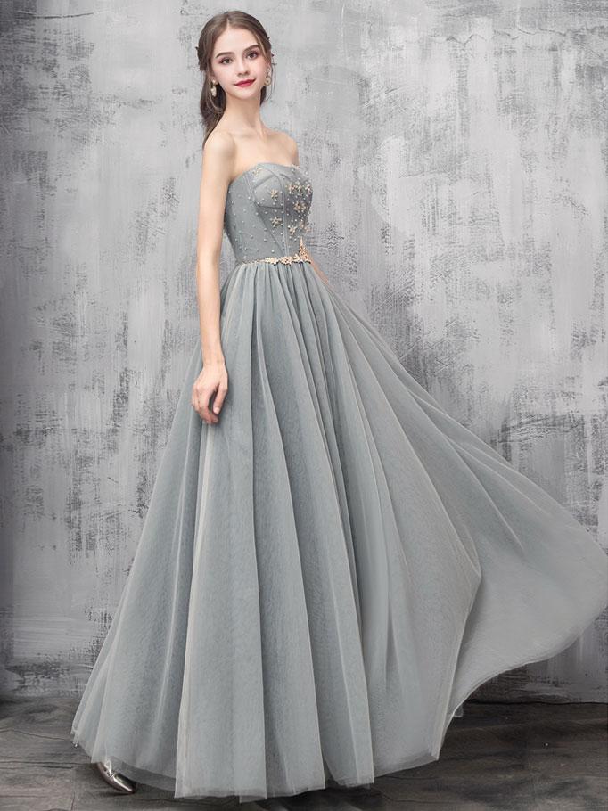 Grey Sweetheart Beaded Tulle Long  Prom Dress