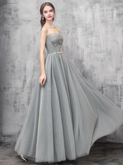 Grey Sweetheart Beaded Tulle Long  Prom Dress
