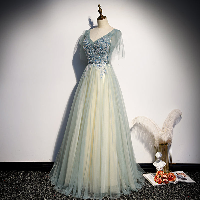 Lovely Tulle with Beaded V-neckline Long Party Dress