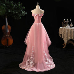 Cute Pink Off Shoulder High Low Tulle with Lace Party Dress