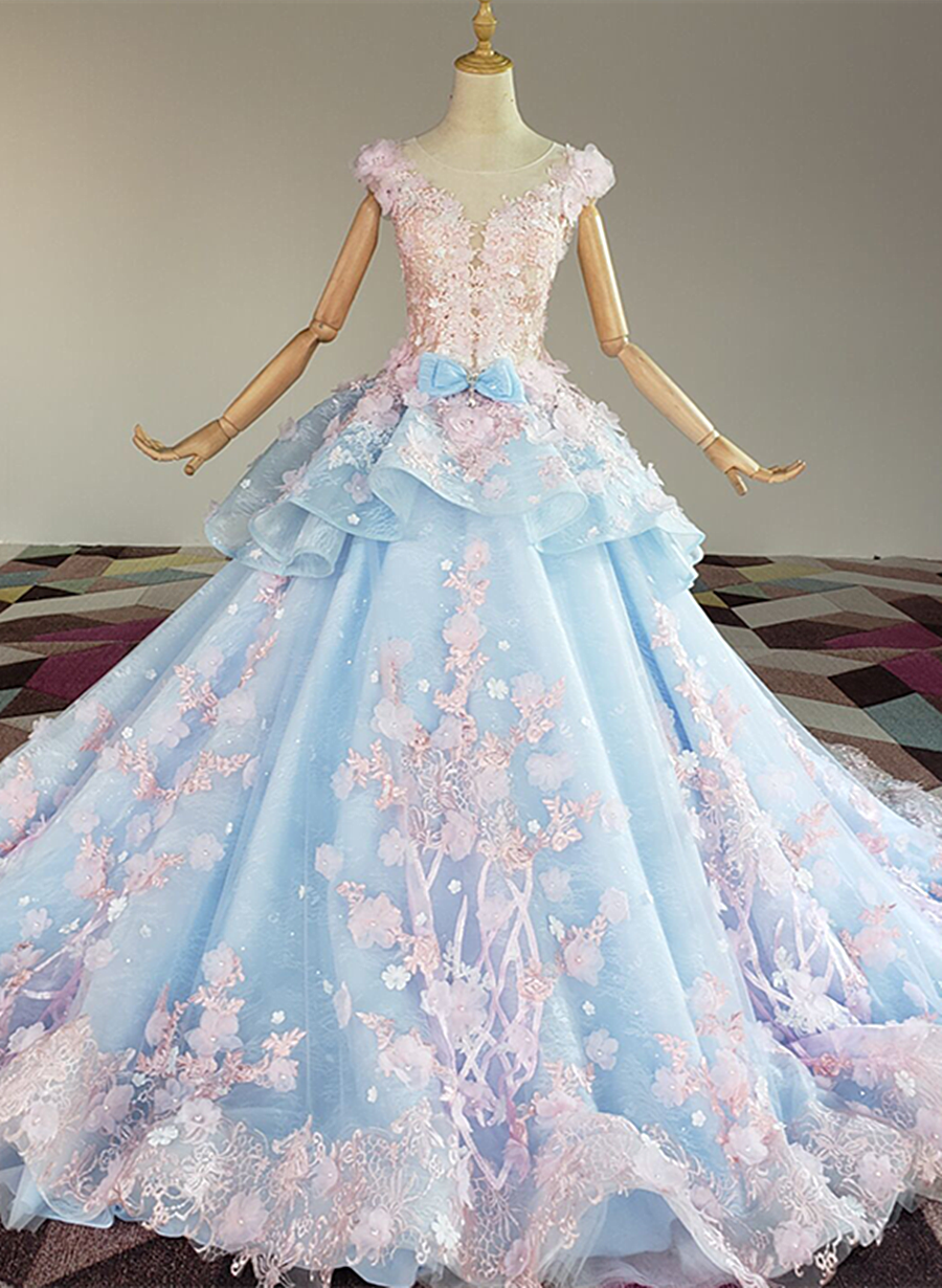 Blue and Pink Ball Gown Tulle with Flowers Sweet 16 Dress
