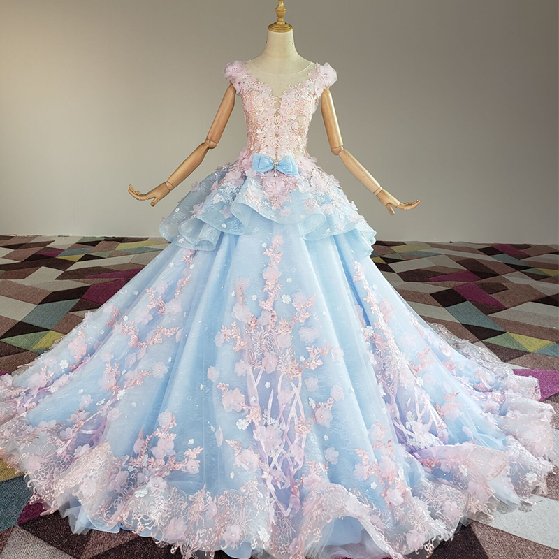Blue and Pink Ball Gown Tulle with Flowers Sweet 16 Dress