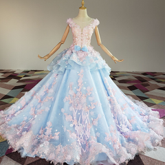 Blue and Pink Ball Gown Tulle with Flowers Sweet 16 Dress