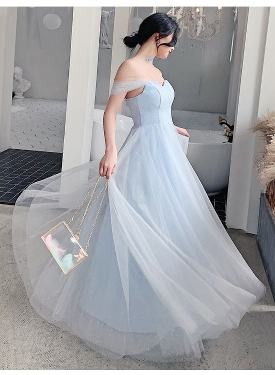Light Blue Off Shoulder Sweetheart Tulle Long Party Dress