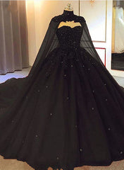 Black Tulle Ball Gown Wedding Party Dress with Cap