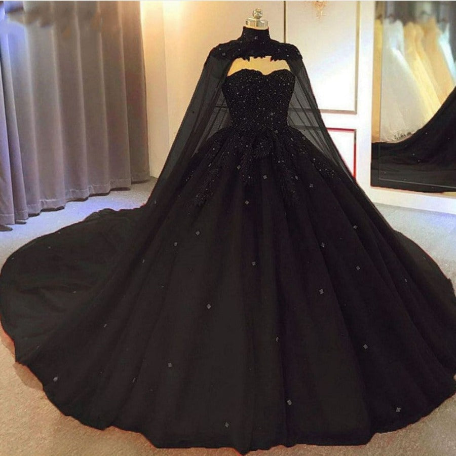 Black Tulle Ball Gown Wedding Party Dress with Cap